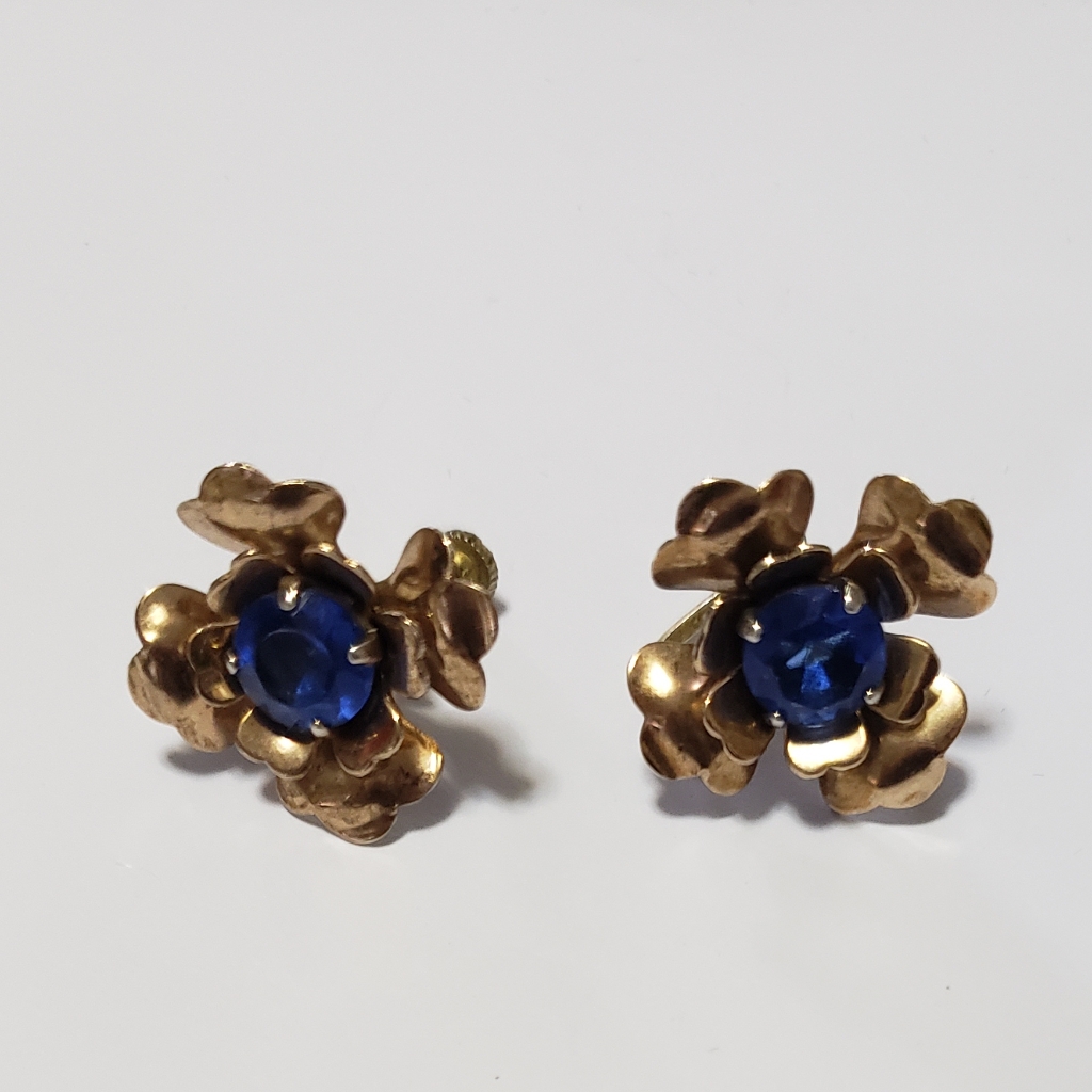 Signed Gold Vermeil Over Sterling Simulated Sapphire 3d Floral Earrings